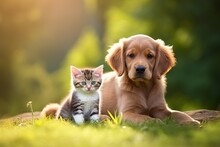 Cute Little Kitten Cat And Cute Puppy Dog Lying On The Grass Together