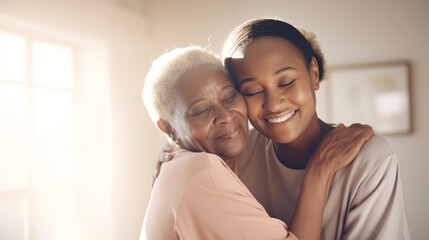 Wall Mural - Happy senior woman enjoying in daughter's affection on Mother's day.