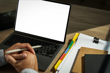 Poster - businessman using a desktop computer of the blank screen device isolated screen online advertising