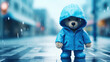 A small, soft toy tired bear walk through the rainy street background. The bear is wet and miserable, and its mouth in sad smile. Blue Monday concept. Banner. Copy space