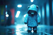A blue toy melancholy bear in raincoat stands in the rainy street background. Reflections in puddles from the streetlights and lanterns. Blue Monday concept it evokes a sense melancholy. Copy space