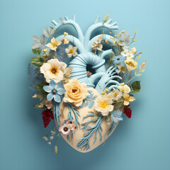 Sticker - A decorative human heart made of fresh spring flowers illustrated in an abstract, realistic, pastel colorful style, with a soft minimal pastel blue background,