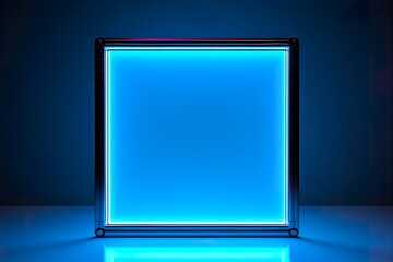 Wall Mural - rectangular neon frame in vertical position with colored light shining along a metal beam, hard-edged lines, poured resin, precisionist lines, light blue