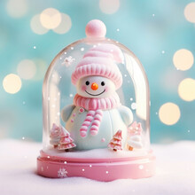 Christmas Snow Globe With Cute Snowman. Magical Snow Globe With Christmas Decorations. A Wintry Scene. Pink Christmas Mood.