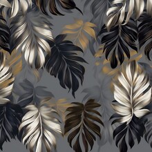 Tropical Palm Leaves. Abstract Tropical Floral Pattern Background. Golden And Black Leaves
