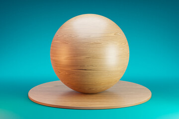 Wall Mural - wooden podium with sphere ball on infinite background; pedestal for beauty, cosmetic product presentation. copy space template, 3D Illustration