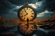 Infinity and other time-related concepts. A man stands in front a clock.