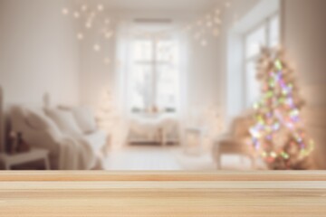 Poster - Empty table on  christmas tree background