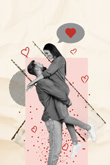 Sticker - Creative artwork vertical collage happy lovers couple man rising girlfriend smiling look each other adore woman valentine day celebration