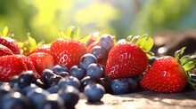 Dew-kissed strawberries and blueberries bask in the golden sunlight, offering a visual feast of summer berries.
