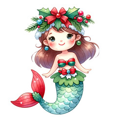 Wall Mural - cute watercoloro Christmas mermaid