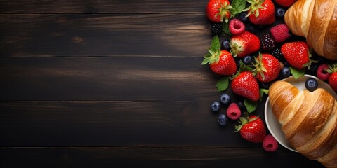 Poster - croissant and fruits on wooden background with space for text