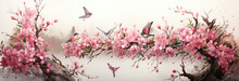 Landscape, Trees With Pink Flowers And Birds, On A White Background, Watercolor Illustration, Old Paper, Vintage. Banner.