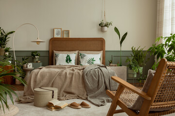 Wall Mural - Warm and cozy bedroom interior with mock up poster frame, boho bed, beige bedding, green wall with stucco, books, brown slippers, plants in pots and personal accessories. Home decor. Template.