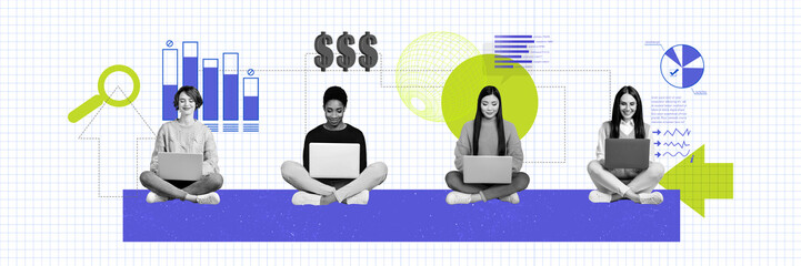 Poster - Creative collage picture of black white colors girls use laptops trade earn money graphics charts arrow indicators isolated on checkered background