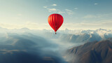 Red Hot Air Balloon Flying over a Mountain Beautiful Landscape Background. Ideal for Valentine's Day, Mother's Day, Gift Card, Invitation Card, Celebration, Banner, Poster Design