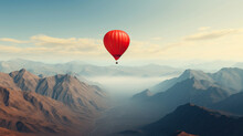 Red Hot Air Balloon Flying Over A Mountain Beautiful Landscape Background. Ideal For Valentine's Day, Mother's Day, Gift Card, Invitation Card, Celebration, Banner, Poster Design