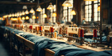 Fototapeta  - Vintage garment factory interior with rows of industrial sewing machines, colorful thread spools, and denim fabric under warm lighting