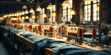 Vintage Garment Factory Interior With Rows Of Industrial Sewing Machines, Colorful Thread Spools, And Denim Fabric Under Warm Lighting