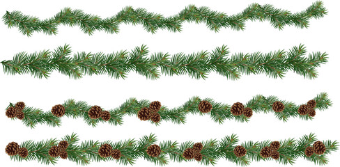 Wall Mural - Realistic vector Christmas isolated tree branches garland and borders