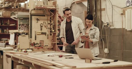 Poster - Tablet, writing or carpenter in workshop for manufacturing job, furniture or carpentry industry. Teamwork, designers or people with design ideas or solution notes in warehouse or factory production