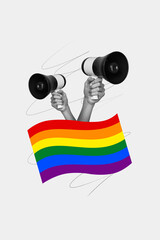 Vertical collage creative black white filter two hands hold loudspeaker voice activist rainbow flag support pride lgbtq white background