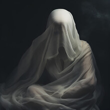 White Ghost Sheet On Black Background For Halloween Festival Scary Concept, Portrait Of Lazarus Rising From Dead, Miracle Of Jesus, From The Tomb. Lazarus Wrapped In White Cloth, Dark Background And D