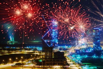 Wall Mural - Colored bright fireworks in the night sky,