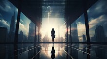 The Silhouette Of An Elegant Asian Businesswoman Seamlessly Blended With The Towering Structure Of A Contemporary Skyscraper, Depicting Urban Success.