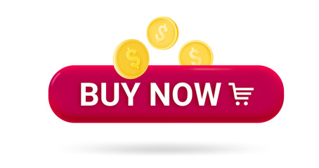 Wall Mural - Buy now button with golden coins. Vector 3d banner with copy space