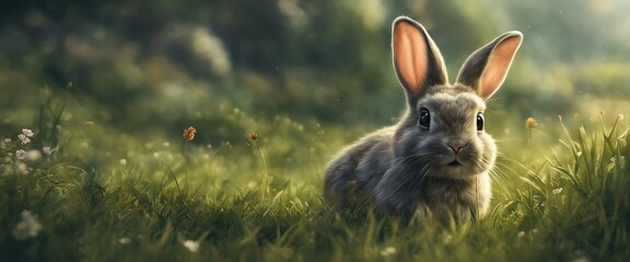 Wall Mural - Banner fluffy bunny in a green garden on a sunny day Easter animals background.