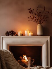 Wall Mural - Beige and brown home interior decor, winter seasonal cozy apartment decoration with burning candles and empty wall, copy space