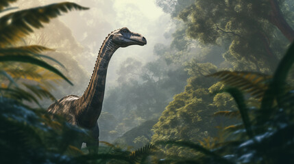 Wall Mural - A Brachiosaurus reaching for leaves in a tall forest canopy, Evolution, Paleontology, blurred background, with copy space