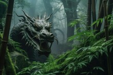 Nestled Within The Heart Of A Mystical Forest, A Green Dragon Symbolizes The Coming Chinese New Year. Its Fierce Gaze Pierces Through The Shrouded Mist