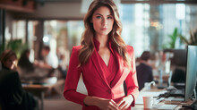 A Woman In A Red Dress And Long Hair In The Office