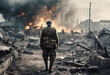 Rimandi Storici- Soldato della Seconda Guerra Mondiale Contempla la Devastazione in una Città Europea