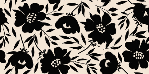 Wall Mural - Flower seamless background. Minimalistic abstract floral pattern. Modern print in black and white background. Ideal for textile design, wallpaper, covers, cards, invitations and posters.
