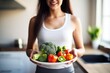 Clean eats and vitality. Photo of a slim woman in white, displaying a plate filled with fresh veggies in a sunny kitchen—a visual celebration of a healthy lifestyle and detox commitment. Generated AI