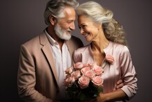 Enduring Love Moment. Photograph Capturing Mature Couple In Festive Clothing, Grinning And Clasping Cluster Of Roses, Set To Rejoice In Their Long-lasting Love Story On Subtle Backdrop. Generated AI