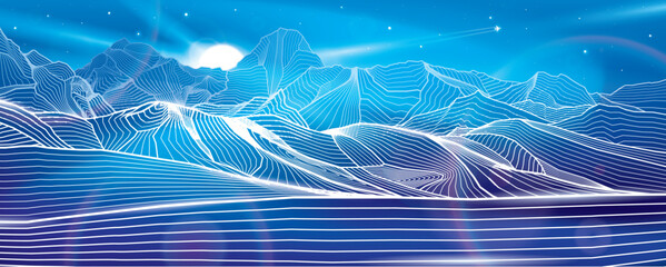 Wall Mural - Mountains night landscape panoramic. Outline illustration on blue background. Neon glow illumination. Amazing moonlight. Snow hills. Vector design art