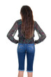 behind rear view casual fit brunette woman in jeans blue slim fashion girl on white png transparent background