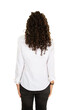 rear view slim young pretty brunette woman from behind with back long straight curly hair on white png transparent background