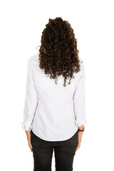 Wall Mural - rear view slim young pretty brunette woman from behind with back long straight curly hair on white png transparent background