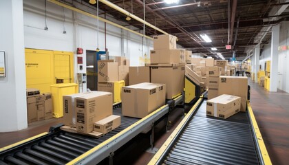 Poster - Efficient warehouse fulfillment center with seamless conveyor belt transporting packages