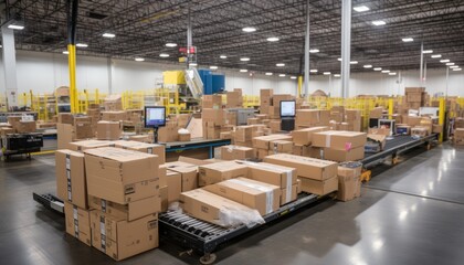 Poster - Efficient conveyor system moving cardboard box packages in a bustling warehouse fulfillment center