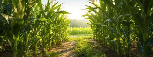 Poster - Green cornfield with the sun peeking through the leaves