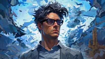 Wall Mural -  a digital painting of a man in a suit and glasses looking at something in the distance with a blue sky in the background.