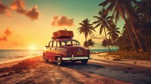 Old Retro Vintage Car At Sunny Beach With Palm Trees And Sea, Travel And Adventure Concept, Road Trip To Ocean
