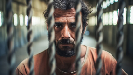 Wall Mural - Portrait of man desperate the iron prison. Prisoner concept. A man arrest in the jail. Hope to be free.