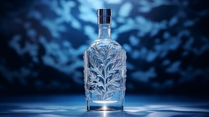 Wall Mural - A close-up of a vodka bottle with a frosted glass design, emphasizing the cool, crisp texture, set against an icy, blue-toned background.